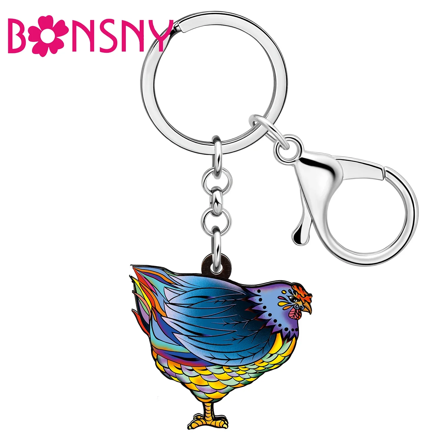 BONSNY Acrylic Funny Standing Hen Chicken Keychains Key Chain Farm Animal Jewelry For Women Kids Handbag Wallet Gifts