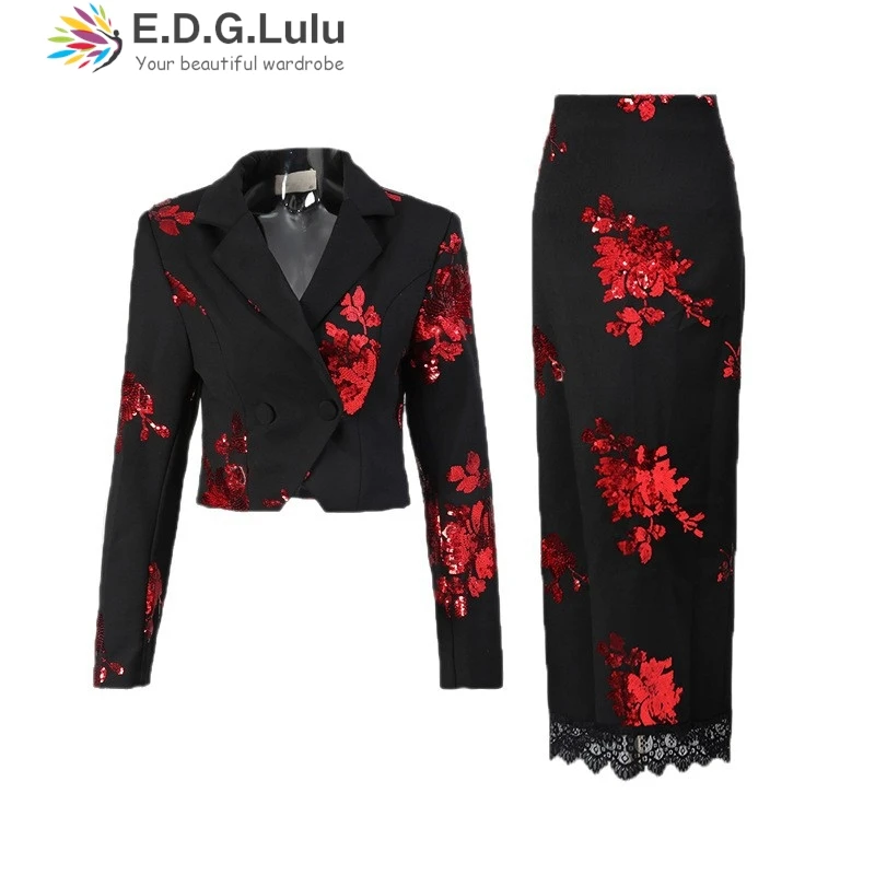 EDGLuLu 고품질 레드 스팽글 패치 워크 짧은 정장 재킷 + 하이 웨이스트 레이스 패치 워크 롱 스커트 여성용 두 조각 세트 0902