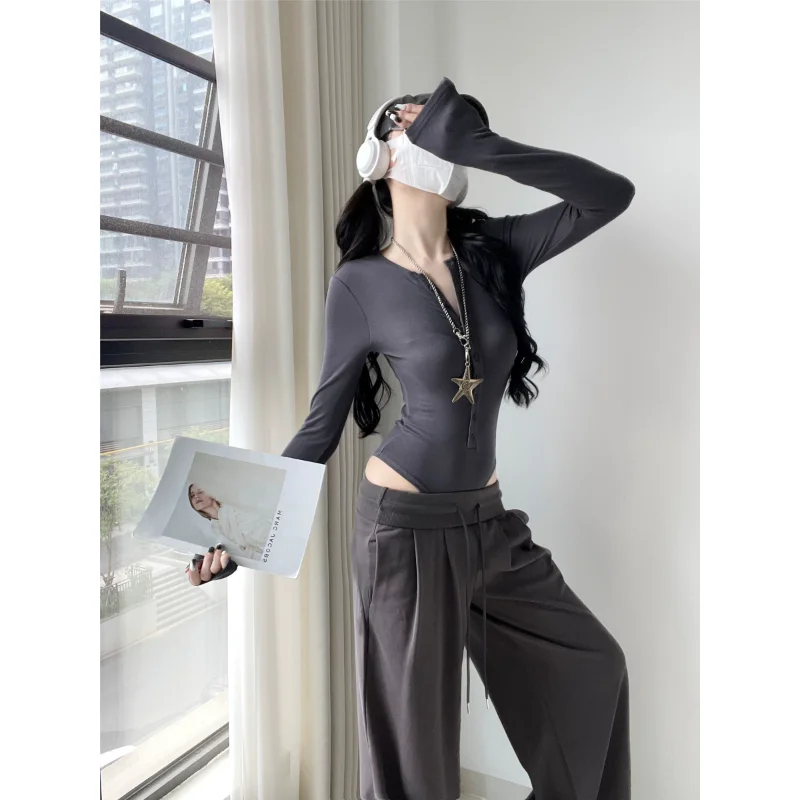 مثير فتاة حار زر الجبهة طويلة Sve اللون سليم صالح بذلة قاعدة irt تي شيرت عالية الخصر ort بانت ألياف البوليستر