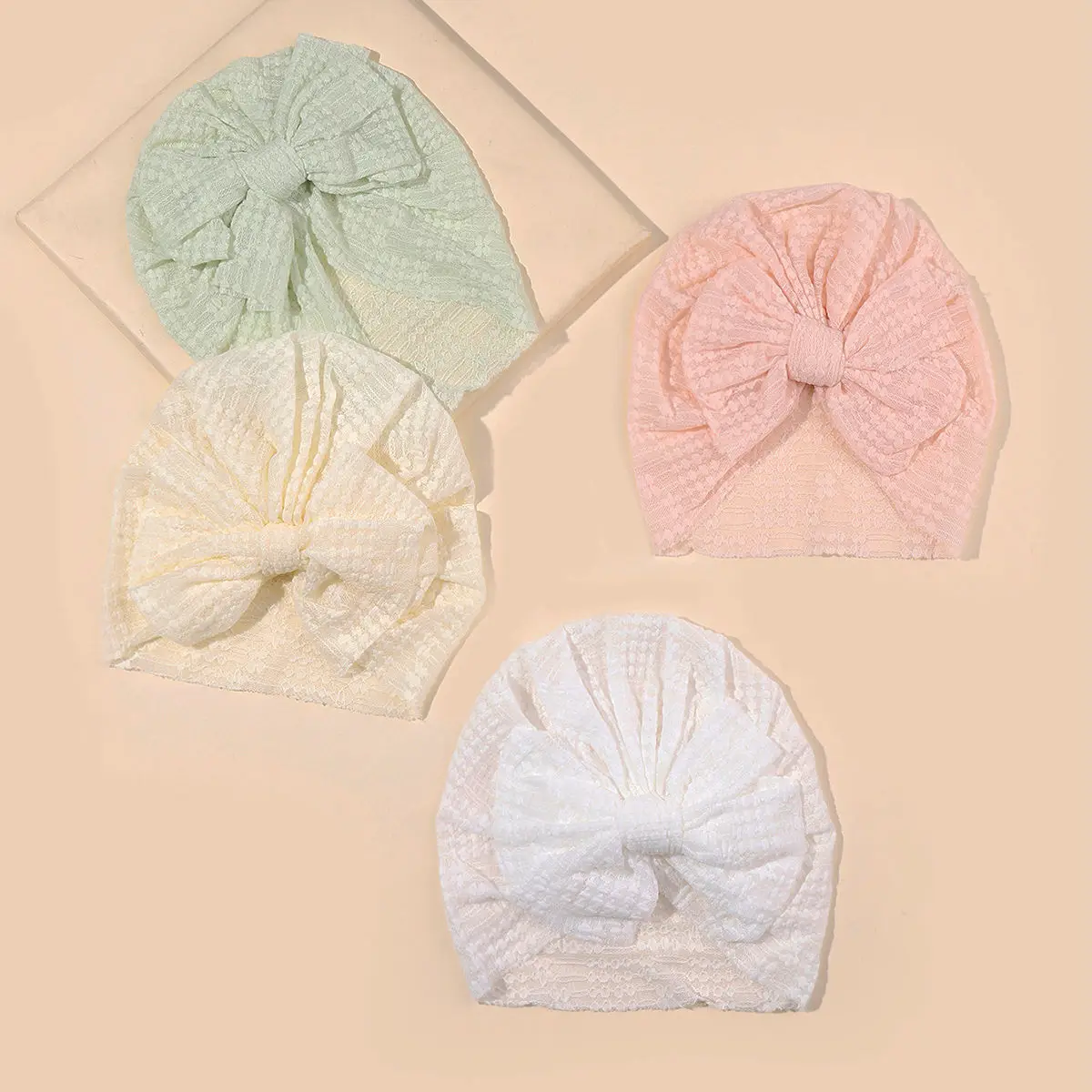 2pc Summer Hollow Cute Beanie for Newborn Photo Prop Hat Mesh Solid Color Bow Breathable Baby Girls Indian Hat Bonnet