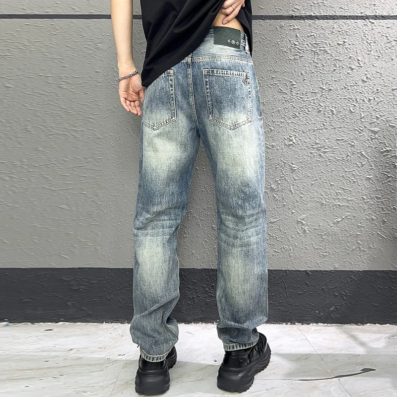 

2024 spring and summer new high-end fashion retro nostalgia straight jeans loose casual light blue men's pants