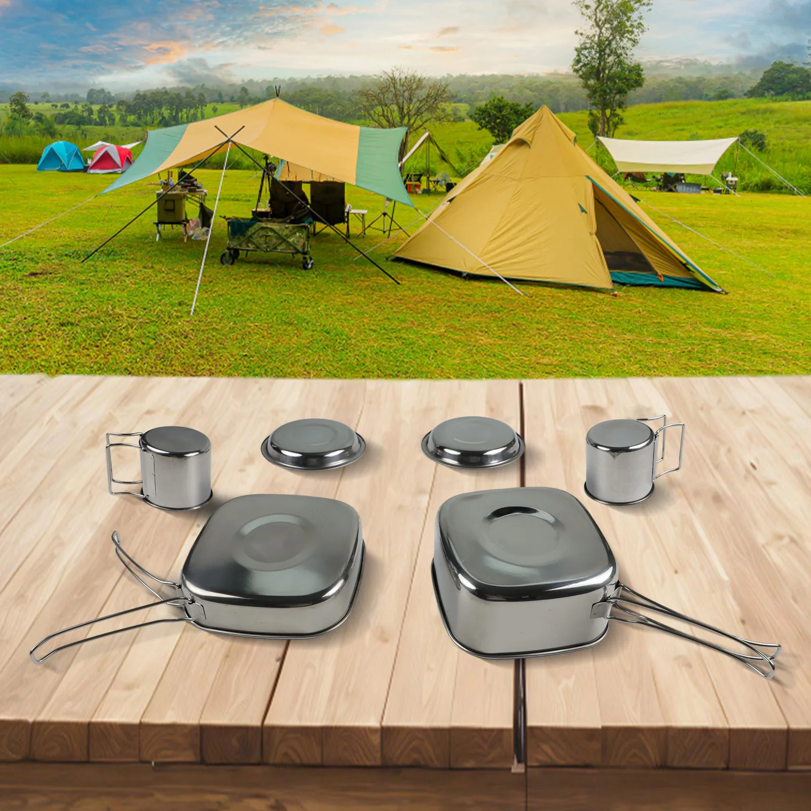 

Stainless Steel For Camping Crockery Set Includes Essential Cookware for Hiking Picnicking and Outdoor Gatherings