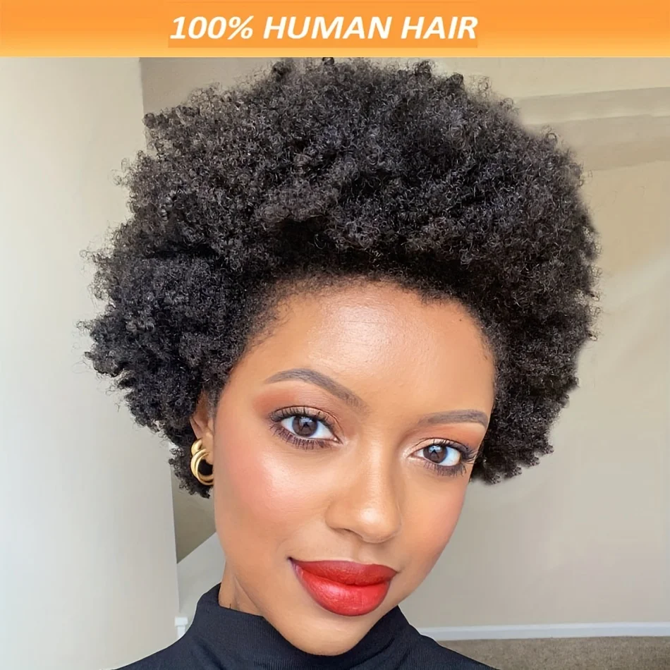 Afro Short Curly Human Hair Full Machine Wigs For Women 150% Density Short Remy Human Hair Wig image 4