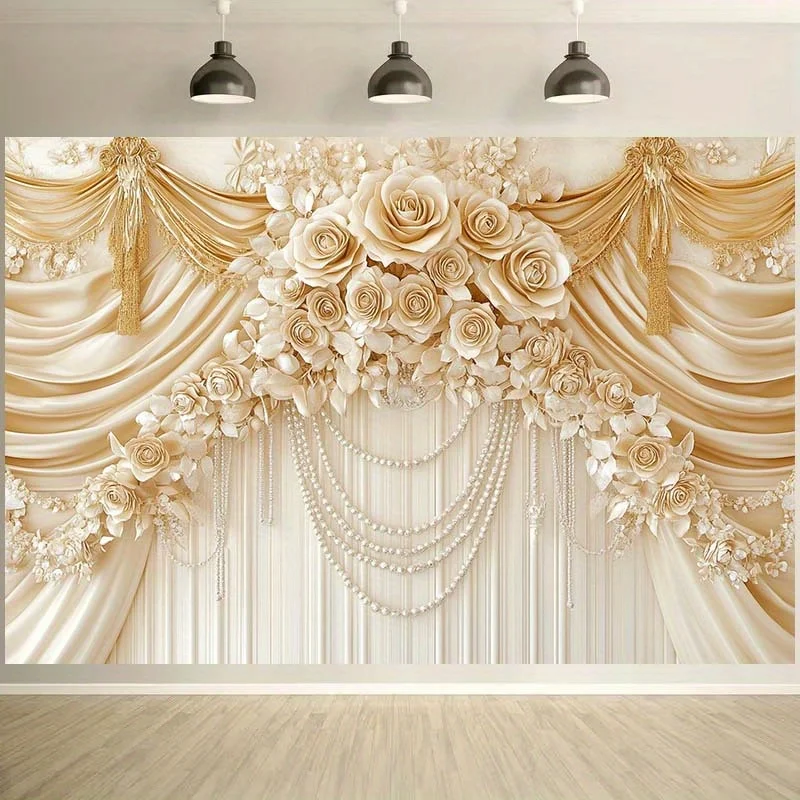 Elegant Wedding Backdrop with Golden Drapes, Ivory Roses & Pearl Garlands - Luxurious Polyester Photography Prop for Anniversari