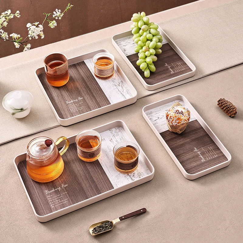 

Rectangular Melamine Storage Tray Wood Grain Food Serving Tray Fruit Snack Dessert Plate Home Tea Cup Tray Kitchen Organizer