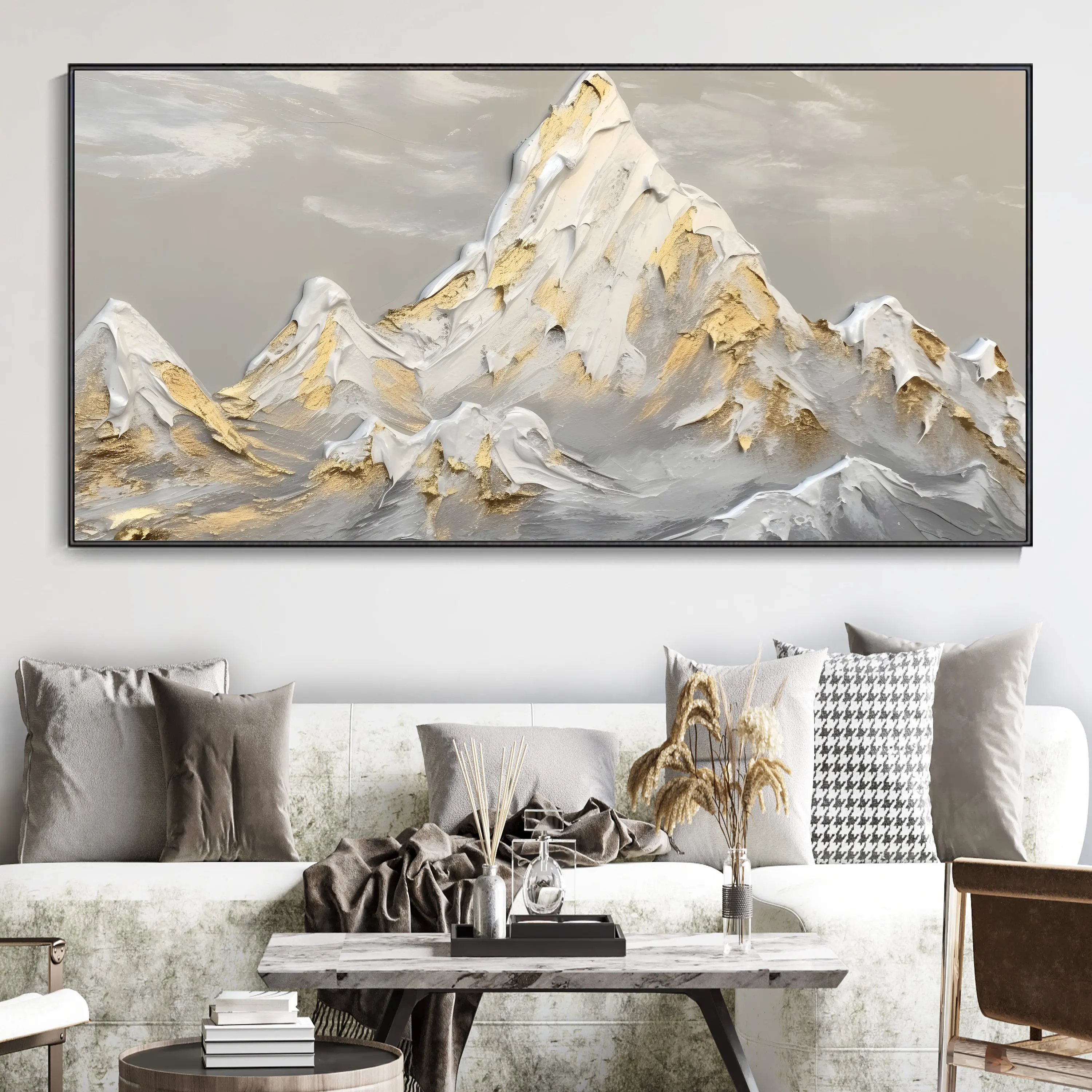 

White Snow Mountain Art On Canvas Gold Leaf Texture Painting Abstract Landscape Oil Painting Wabi-Sabi Wall Art Minimalism Decor