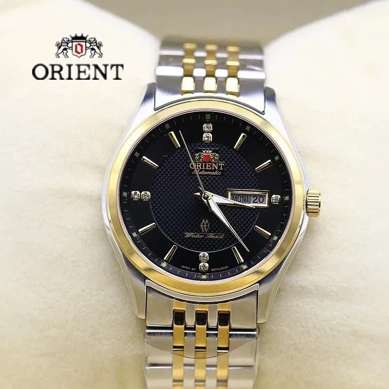 

ORIENT Automatic Watch Men Two-Tone Steel Band Black Dial Diamond Accents Date Display Waterproof Luxury Wristwatch