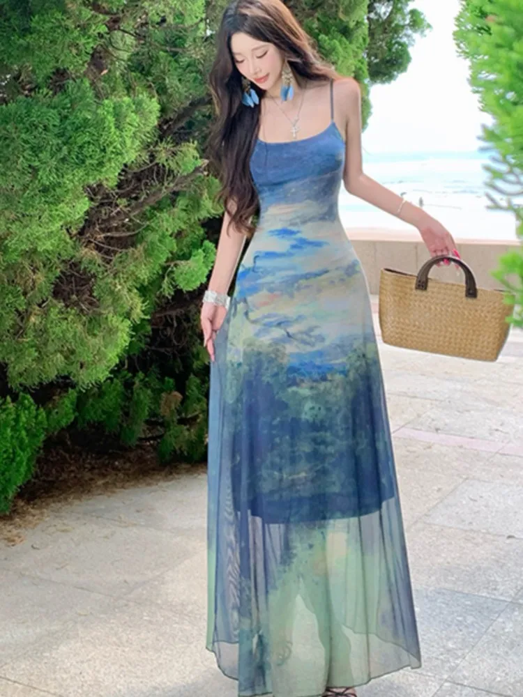 

Women Summer Slim Ladies Spaghetti Strap Sleeveless Party Dress Bodycon Mermaid Sexy Long Prom Female Clothes Long Vestidos