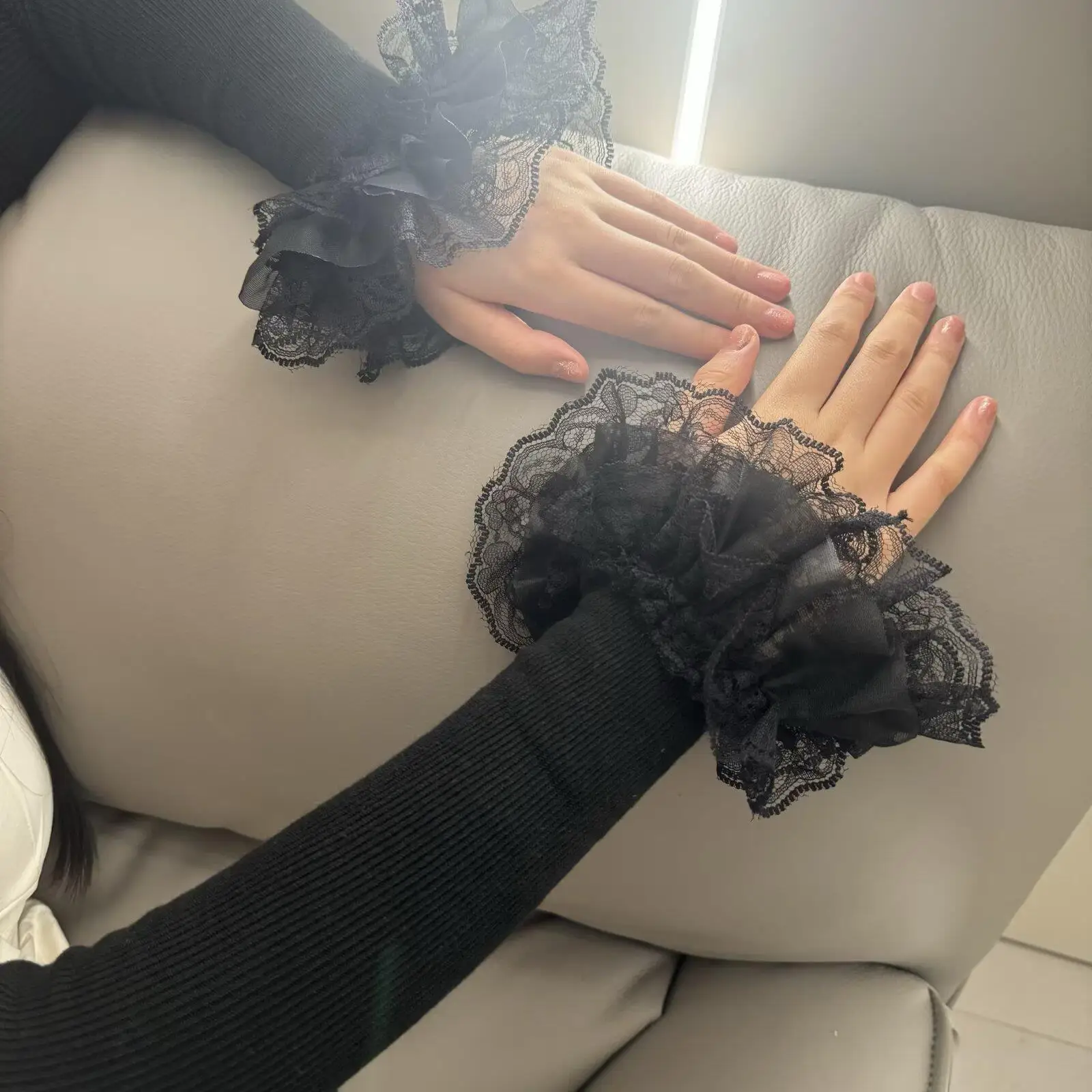 ロリータ風ハンドスリーブ、ニットパッチワーク、フリルレース、ホーンカフス、シャツ用フェイクスリーブ、刺繍入り、女性・女の子用リストウォーマー