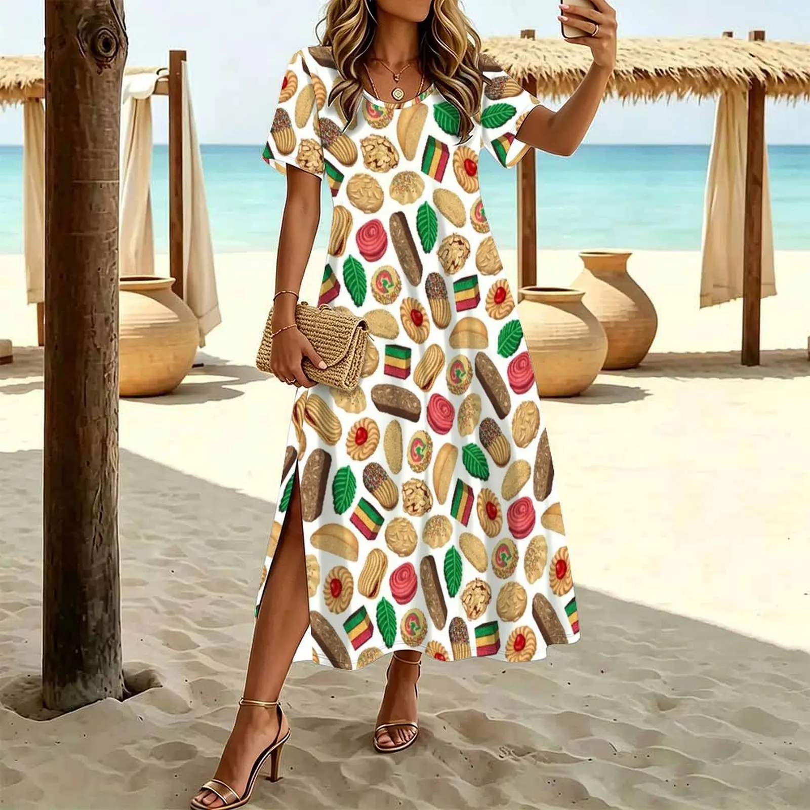 Italian Cookie Pattern Women's Round Neck Short Sleeve Split Long Dress