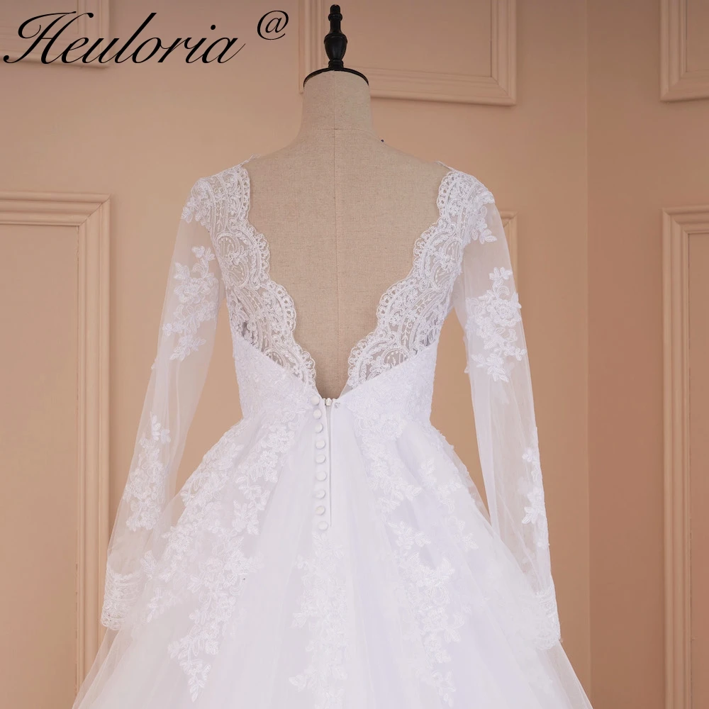 HEULORIA Vintage wedding dress long sleeve V neck bride dress lace applique lace up bridal gown plus size vestido De Noiva