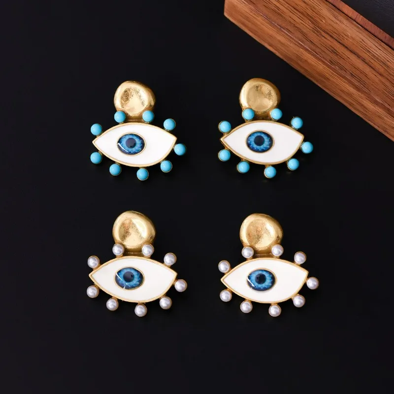 

European and American Ethnic Style Blue Eyes Temperament High-end Earrings Medium Vintage Colorful Enamel Earrings