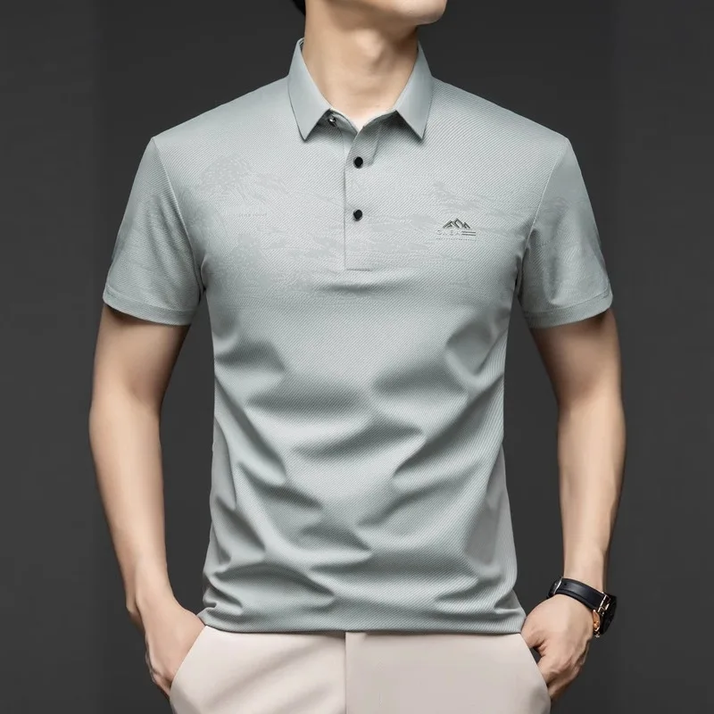 

Mulberry Men's Summer Turn-Down Collar Short Sleeve Polo Shirt Ice Silk Cool Feeling Middle-Aged Loose Casual