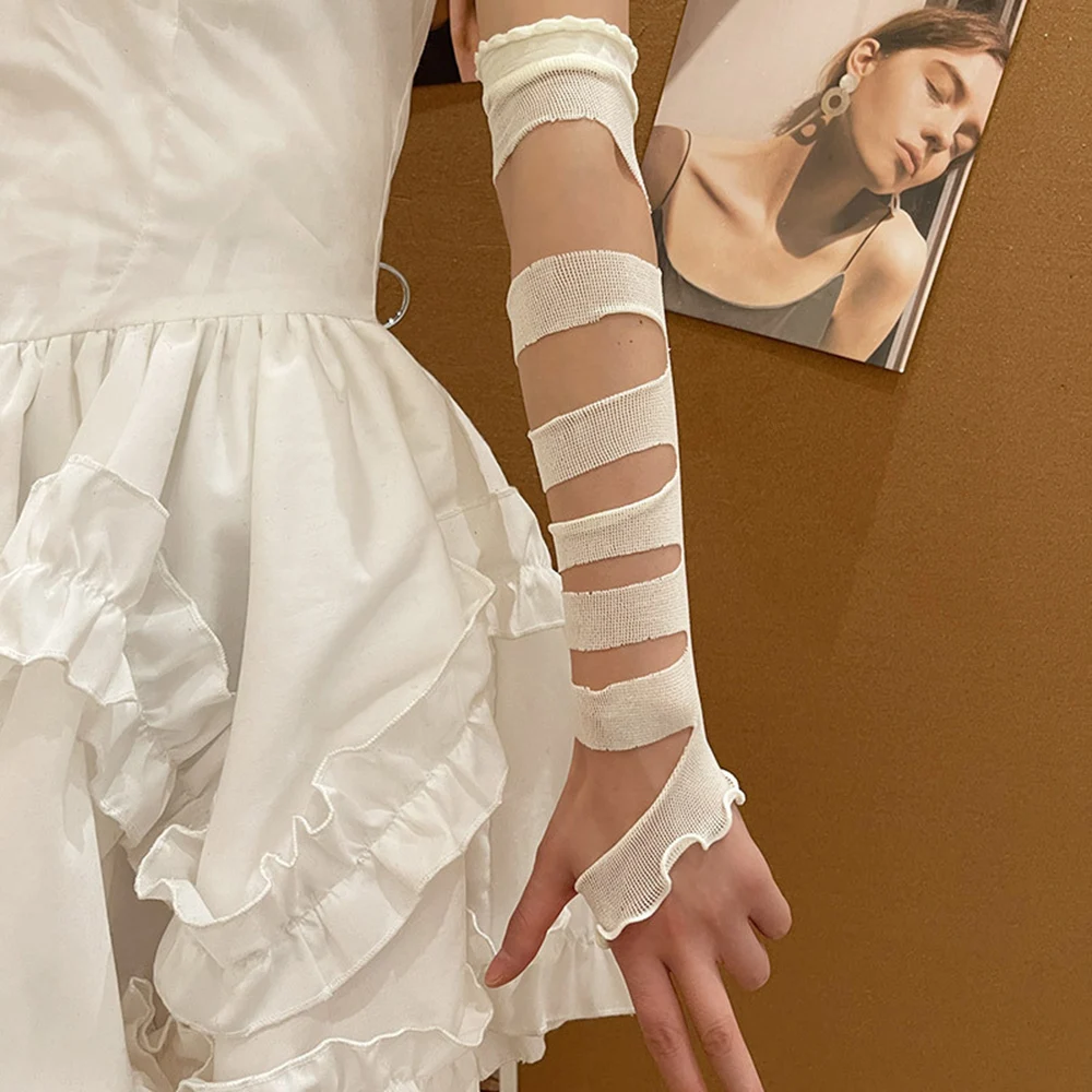 Meisje Uitgehold Verband Arm Mouwen Retro Party Lange Arm Vingerloze Handschoenen Modieuze Jk Stijl Cosplay Effen Kleur Arm Cover