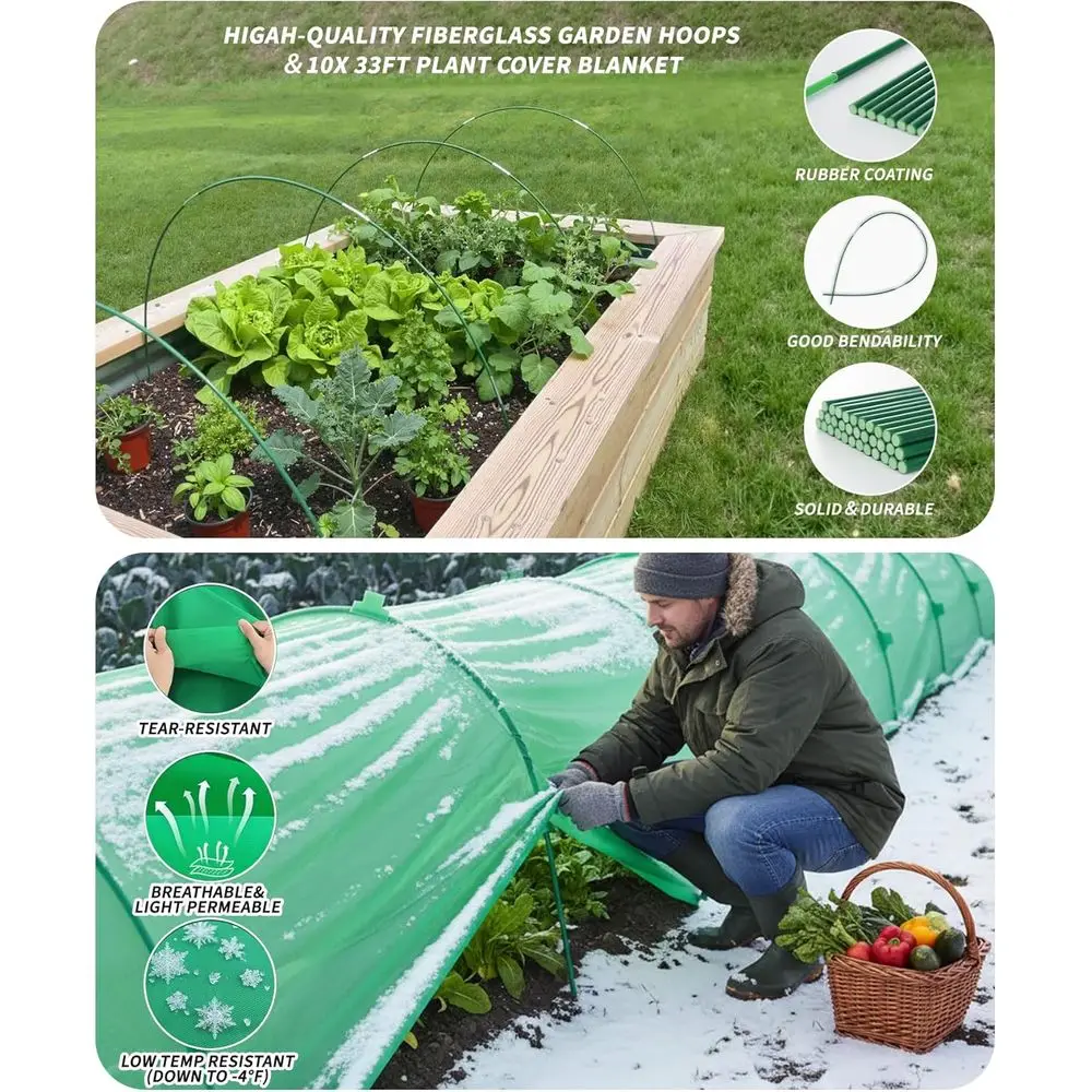 Winter Garden Frost Protection Reusable Cover with 36 Hoops & 12 Stakes, 10ft x 33ft Greenhouse Tunnel for Snow and Pest Defense