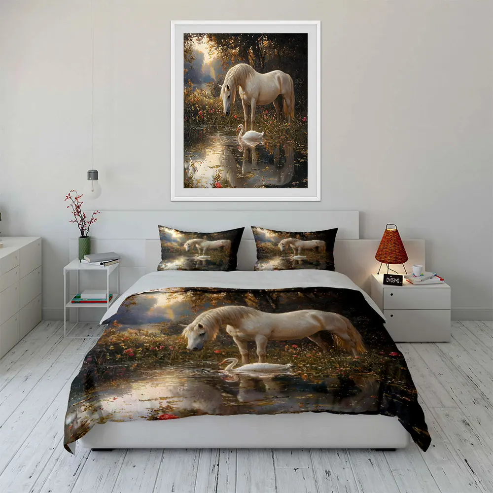 Horse and Swan Meeting in Lake Printed Duvet Cover Set 1 Duvet Cover+2 Pillowcase Multi Size Bedroom Bedding Decor Luxury Gift 4