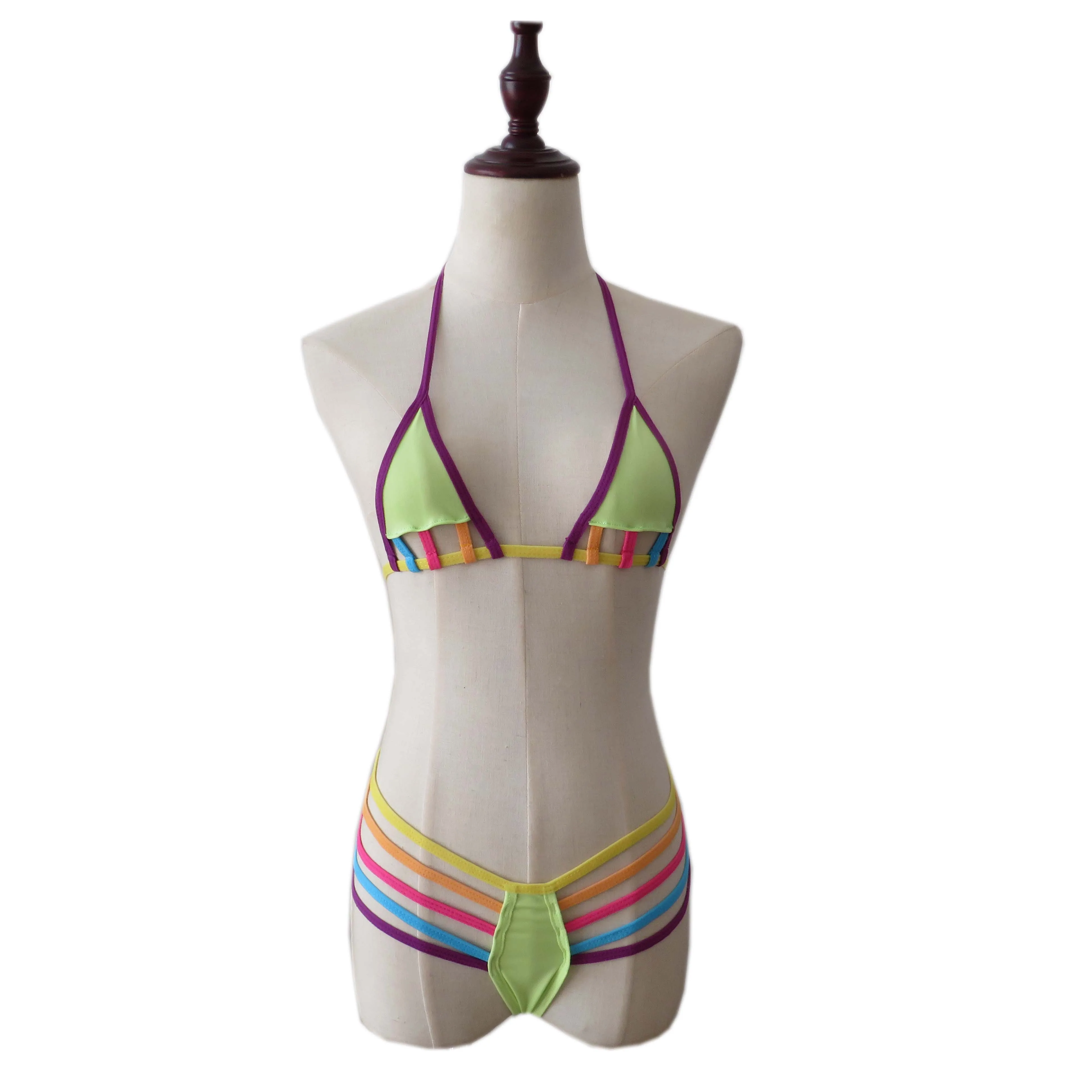Women's Sexy Lingerie Rainbow Three-Piece Sheer Bikini Candy-Coloured Swimsuit Bra and Panty Set - Image 3