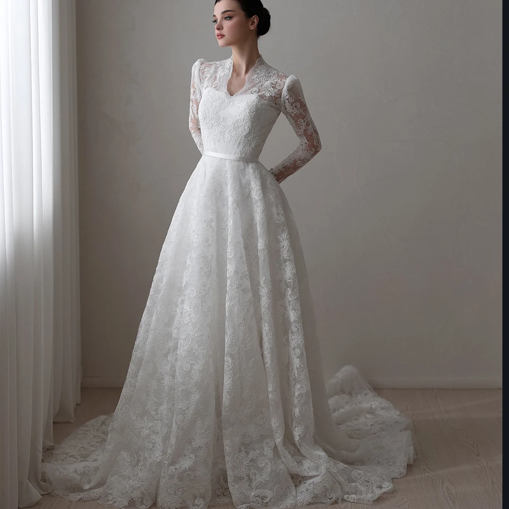 

Lace Wedding Dresses V-Neck Long Sleeve A-Line Elegant Bride Dress Sweep Train Church Bridal Gown Customized robe de mariée