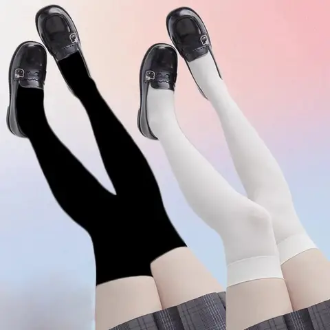 Solid Color Lolita Long Stockings JK Women Girls Cute Black White Tights Over Knee Thigh High Socks Cosplay Sexy Nylon Stockings