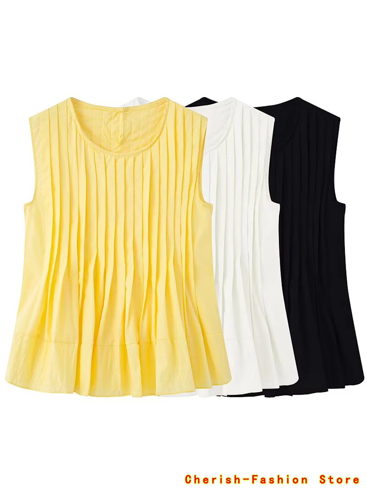 Zomer Nieuw Ontwerp Zoete Pure Kleur Geplooid Mouwloos Pop Shirt Vest Top Dames Koreaanse Sle Straight Cut Pendelmode Geel
