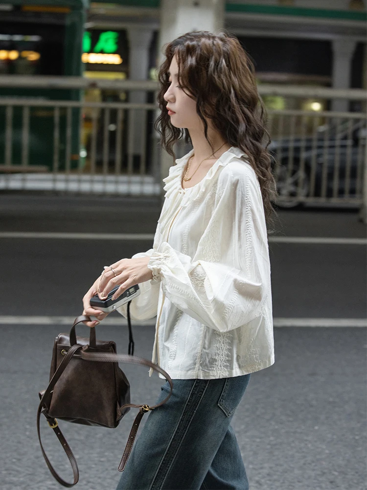 

Романтическая женская блузка с вышивкой и воротником-стойкой, с длинным рукавом, в корейском стиле, из хлопка, прямого кроя, с узлом, многослойная