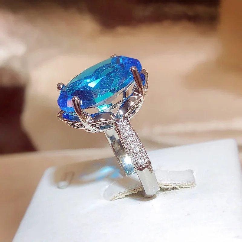 Classic Blue Geometric Oval Banquet Party Non-fade Ring Light Luxury Opening Adjustable Ladies 925 Sterling Silver Jewelry