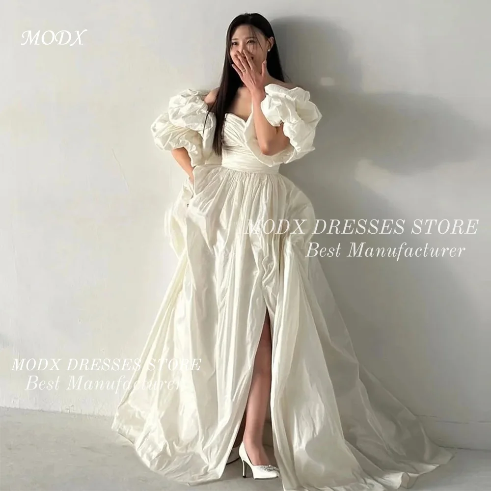 MODX 우아한 하이 슬릿 태피터 A라인 한국 웨딩드레스 오프숄더 신부 드레스 사진 촬영용 맞춤형 베스티도스 노비아스 B