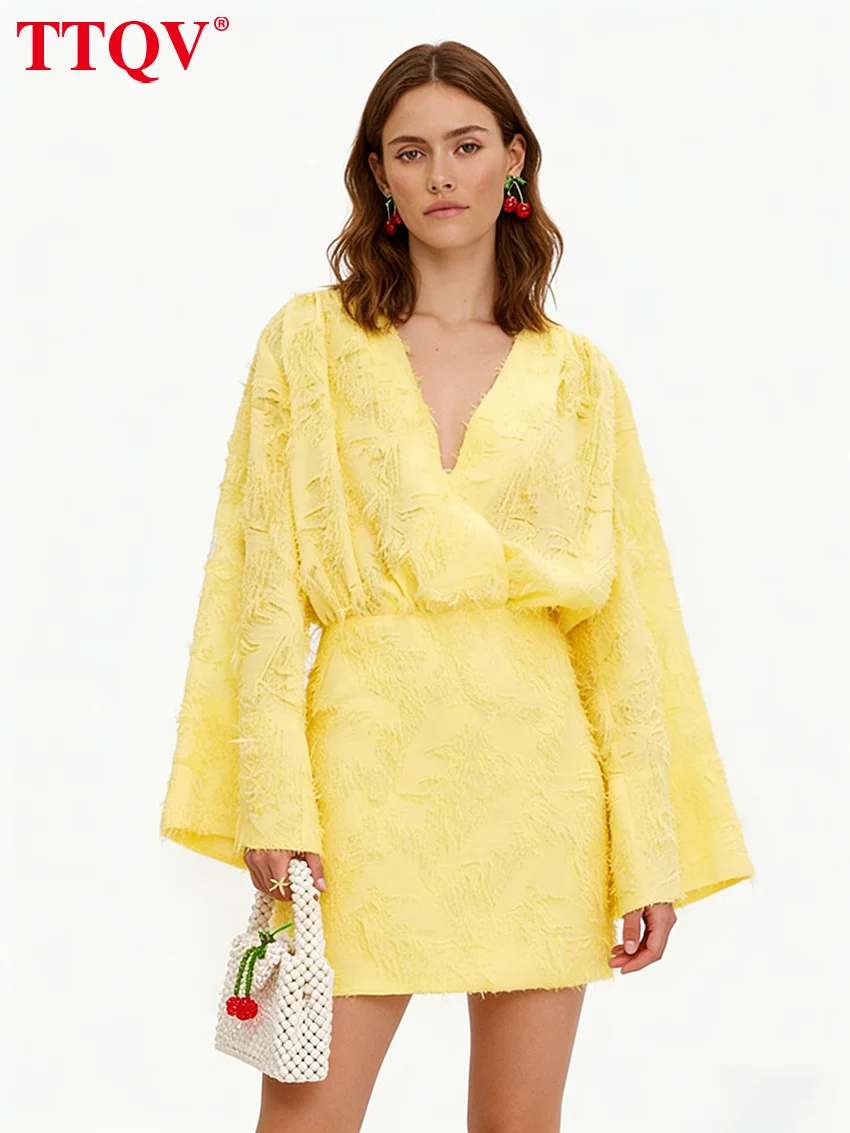

TTQV Autumn Loose Yellow Casual Women Dresses 2024 Sexy V-Neck Long Sleeve Mini Dress Elegant Classic High Wiast Female Dress