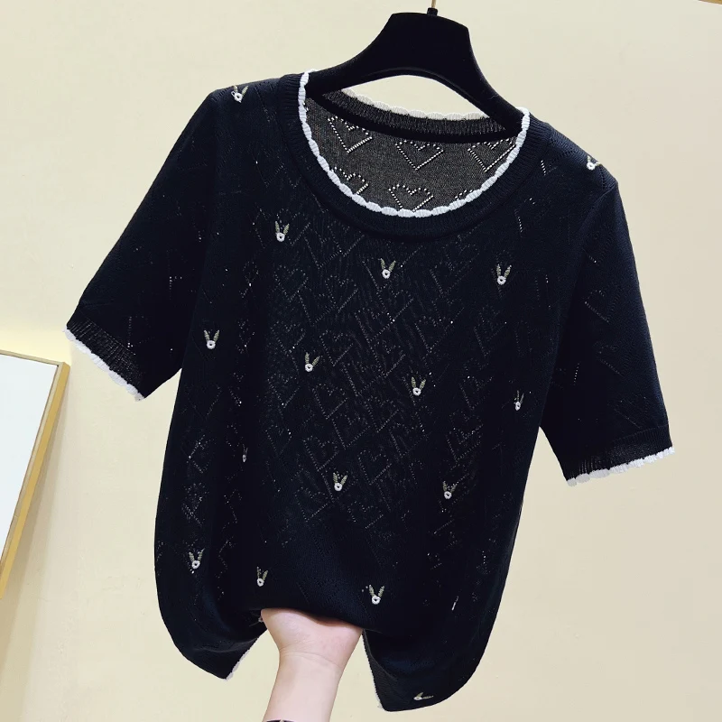 Summer Diamond Thin Knit Pullover Tops Women Short Sleeve Round Neck Loose T-shirts Casual Fashion Ice Silk Knitwear 2024