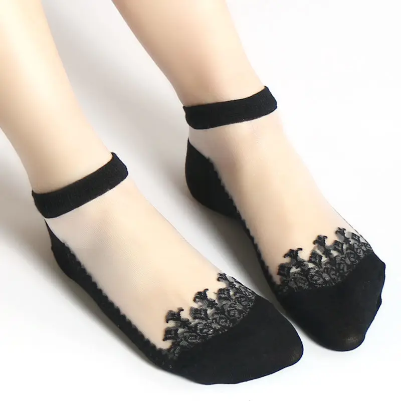 

1 Pair Summer Sweet Transparent Sock Breathable Elastic Female Socks Crystal Glass Silk Ultra Thin Lace Short Girls Socks