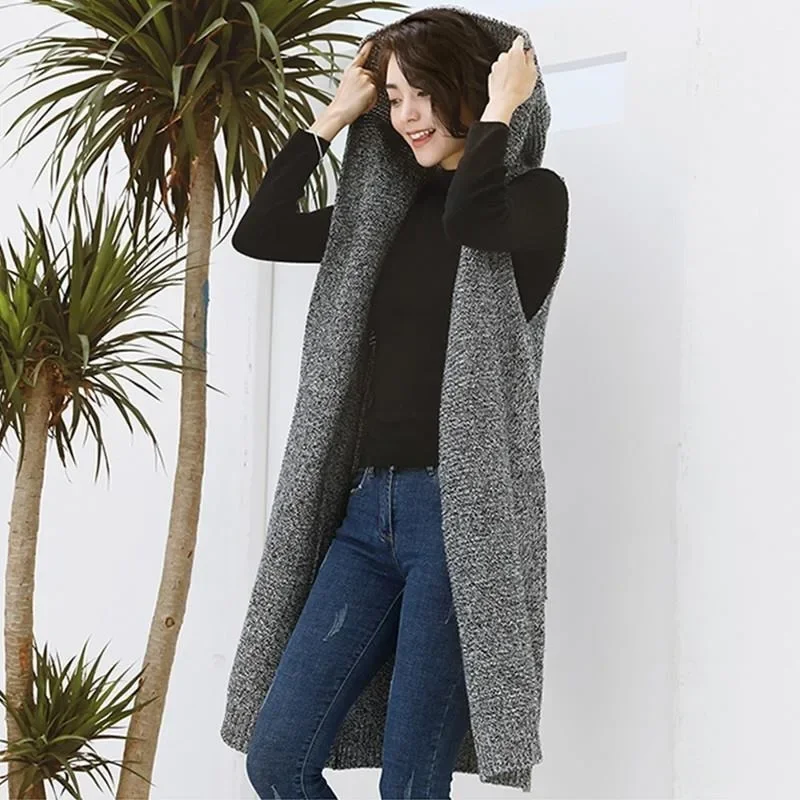 

2024 Autumn Winter New Women Outerwear Knitted Vest Hooded Solid Color Sleeveless Cardigan Waistcoats Femme Veste Gilet Y661