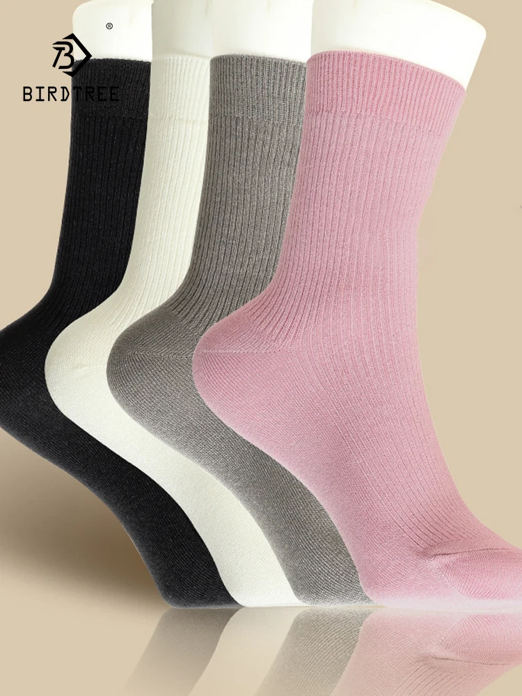 BirdTree,5PCS 80% Silk Knitted Comfortable Socks Women Thicken Warm Mid Length Breathable Sleep Home Socks Winter P4N414JC