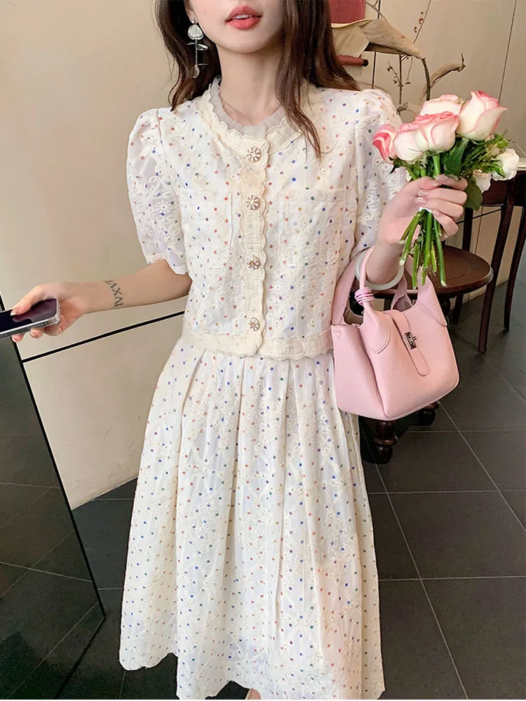 

Elegant Fashion Two-Piece Set 2025 New Summer Sweet Lace Splicing Embroidered Short Sleeve Shirt Tops + A-Line Midi Skirts Suit