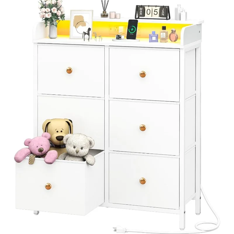 Dresser for Bedroom with Charging Station, 6-Drawer Chest Furniture with LED Lights, Fabric Dressers & Chests of Drawers