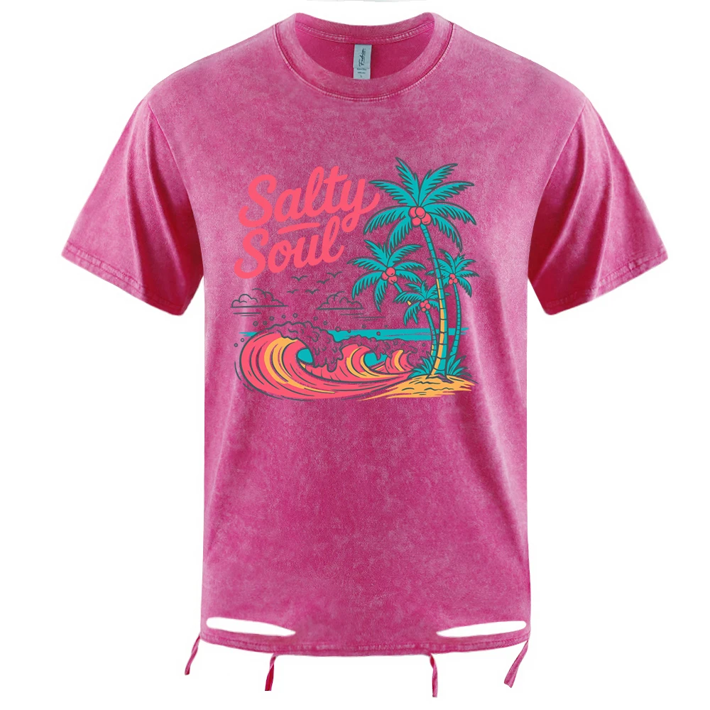 

The Sunset Falls On The Beach Pattern Washed Holes T-Shirts Men Cotton Casual Tee Summer O-Neck Top Unisex Loose Short Sleeve