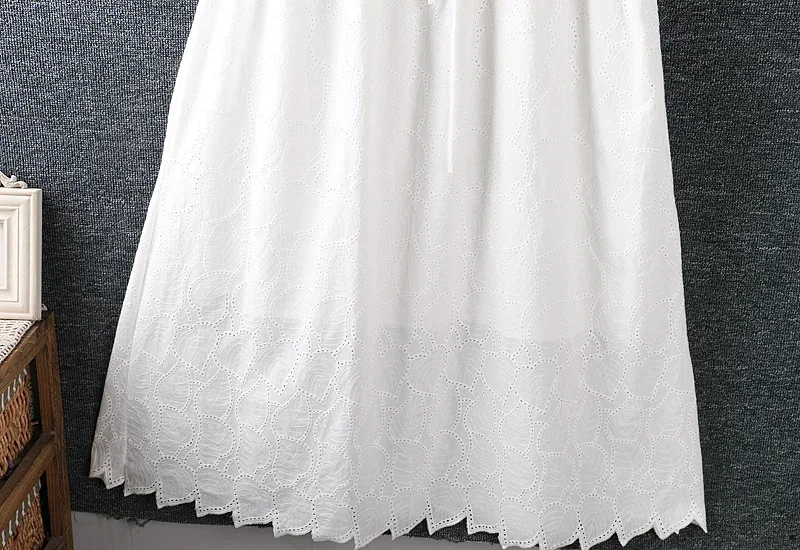 New Spring Sweet Solid Embroidered Cotton Dress Women V-neck Three Quarter Drasting Waist Casual Midi Dresses White