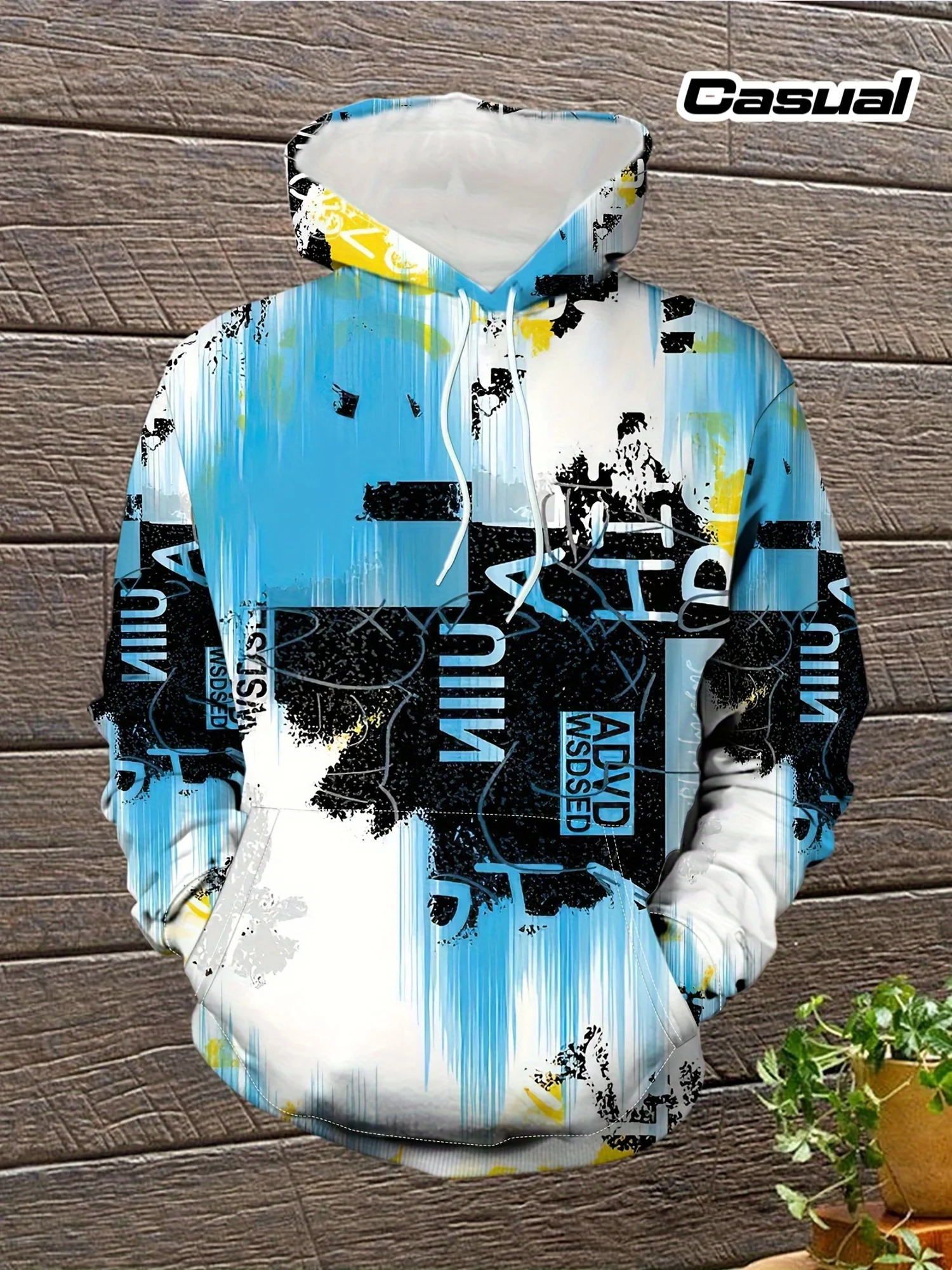 Men Blue White Graffiti Letter Splash Print Hoodie Long Sleeve Hip Hop Street Casual Pullover Sweatshirt