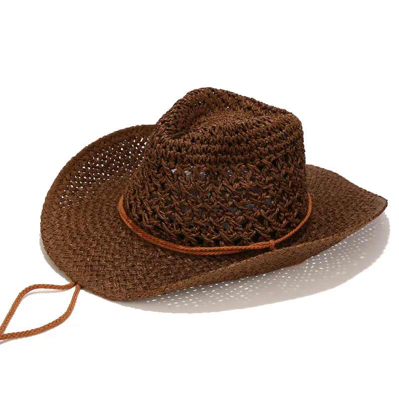 New Handmade Weaving Western Cowboy Straw Hat with Hollow Breathable Sunshade cap for Outdoor Beach Travel