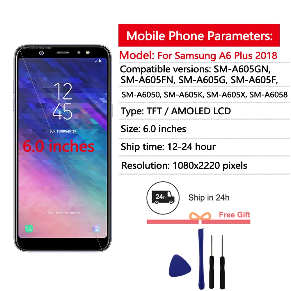 6.0 "display amoled para samsung galaxy a6 plus 2018 display lcd tela de toque digitador assembléia para samsung a6 + tela lcd