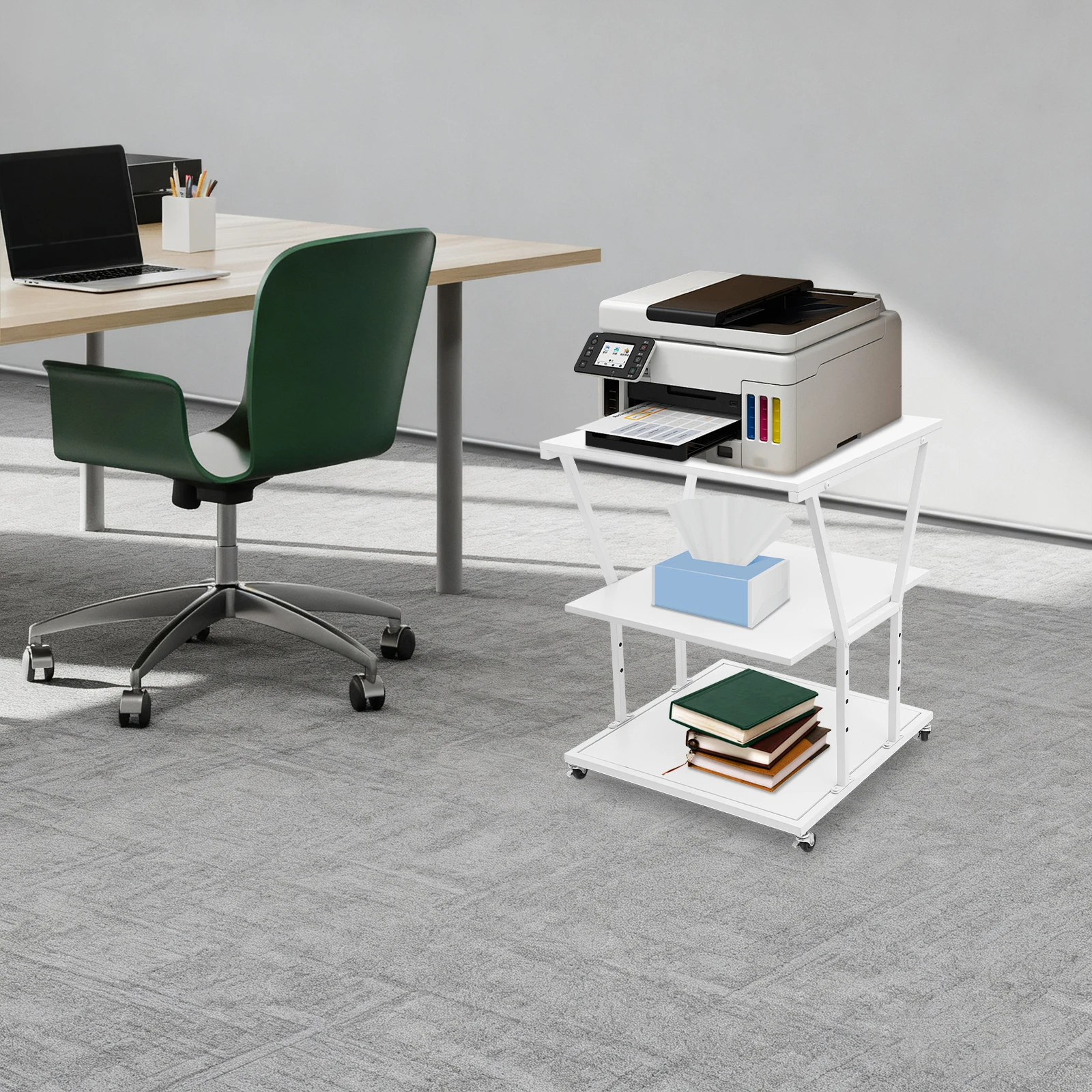 3-Tier Printer Stand 200lbs, Adjustable Height Shelf 4 Levels, Mobile Storage Cart with 4 Locking Wheels for Home Office