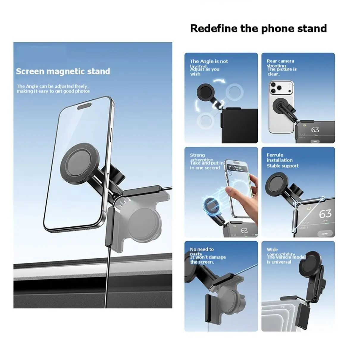 B21B SK28 Magnetic Screen Mount for 360° Rotation Dual-Lock Phone Holder for Travel Vlog Navigation Dashboard Stand