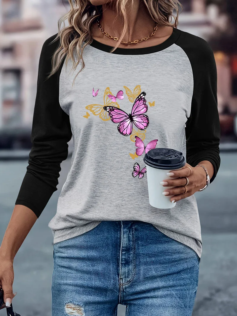Bestseller Schmetterlingsdruck Lässiges Langarm-T-Shirt Retro T-Shirt Winter Herbst Grafisches Langarm-Soft-T-Shirt für Damen – Detail 2