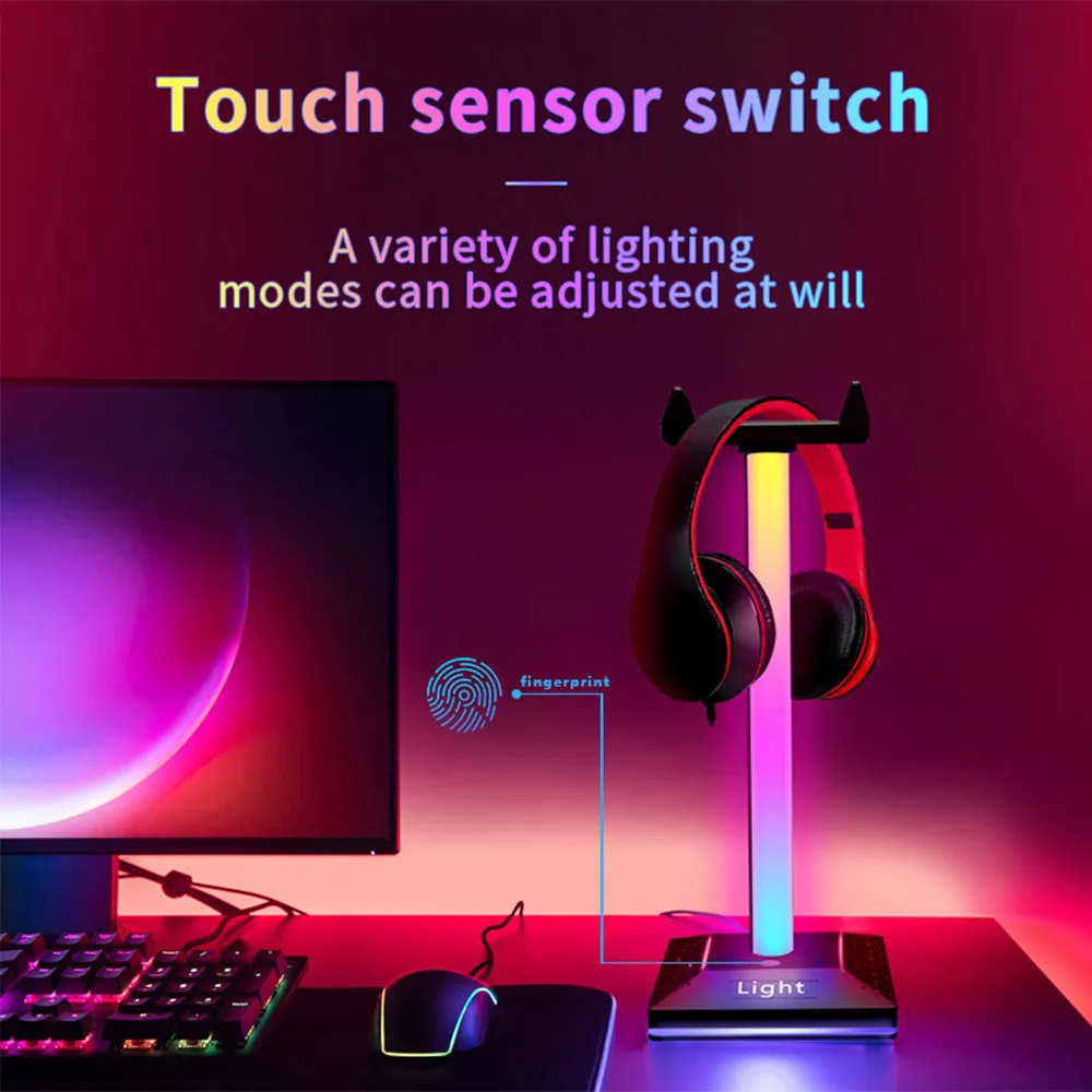 RGBIC Gaming Headphone Stand Light Touch Control Strip Light Desk Gaming Headset Holder Hanger Ambient Light