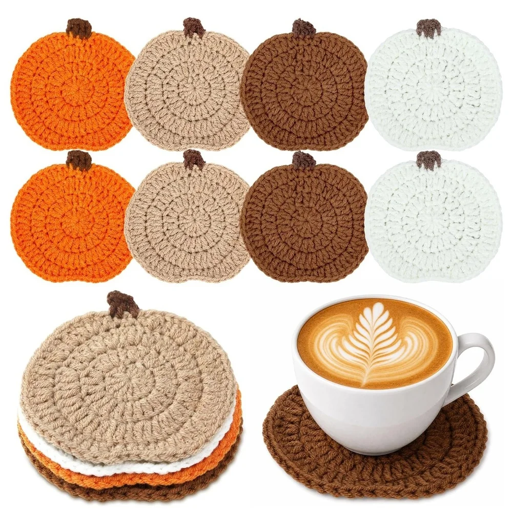 Set of 8 Crochet Pumpkin Coasters for Table Decor Knitted Drink Mats Cup Protectors 10x10x0.5cm Rustic Home Accent