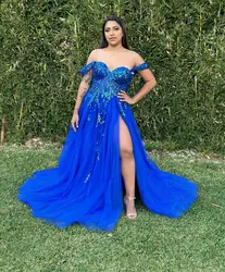 A-line Off the Shoulder Royal Blue Prom Dresses Sequin Appliques Sweetheart Lace Up Party Evening Gowns Wedding Dress With Slit