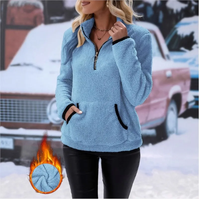

Casual Sport Women 2025 Winter Sweatshirt Plush Thickened Warm Pulloves Solid Color Pocket Half Zip Comfortable Casual Outerwear