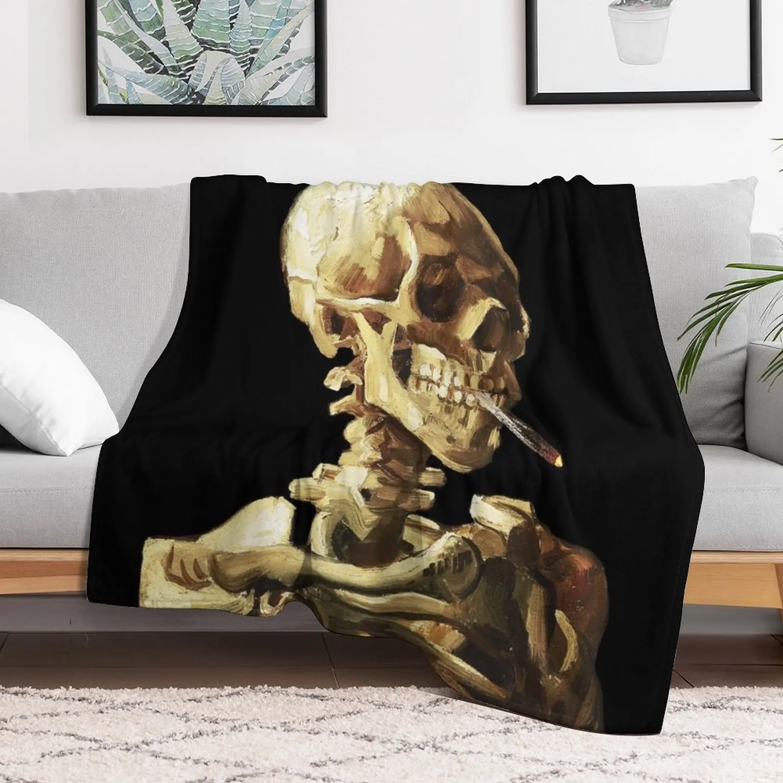 Vincent Van Gogh - Skull of a Skeleton with Burning Cigarette Throw Blanket Softest Furrys manga Comforter Blankets