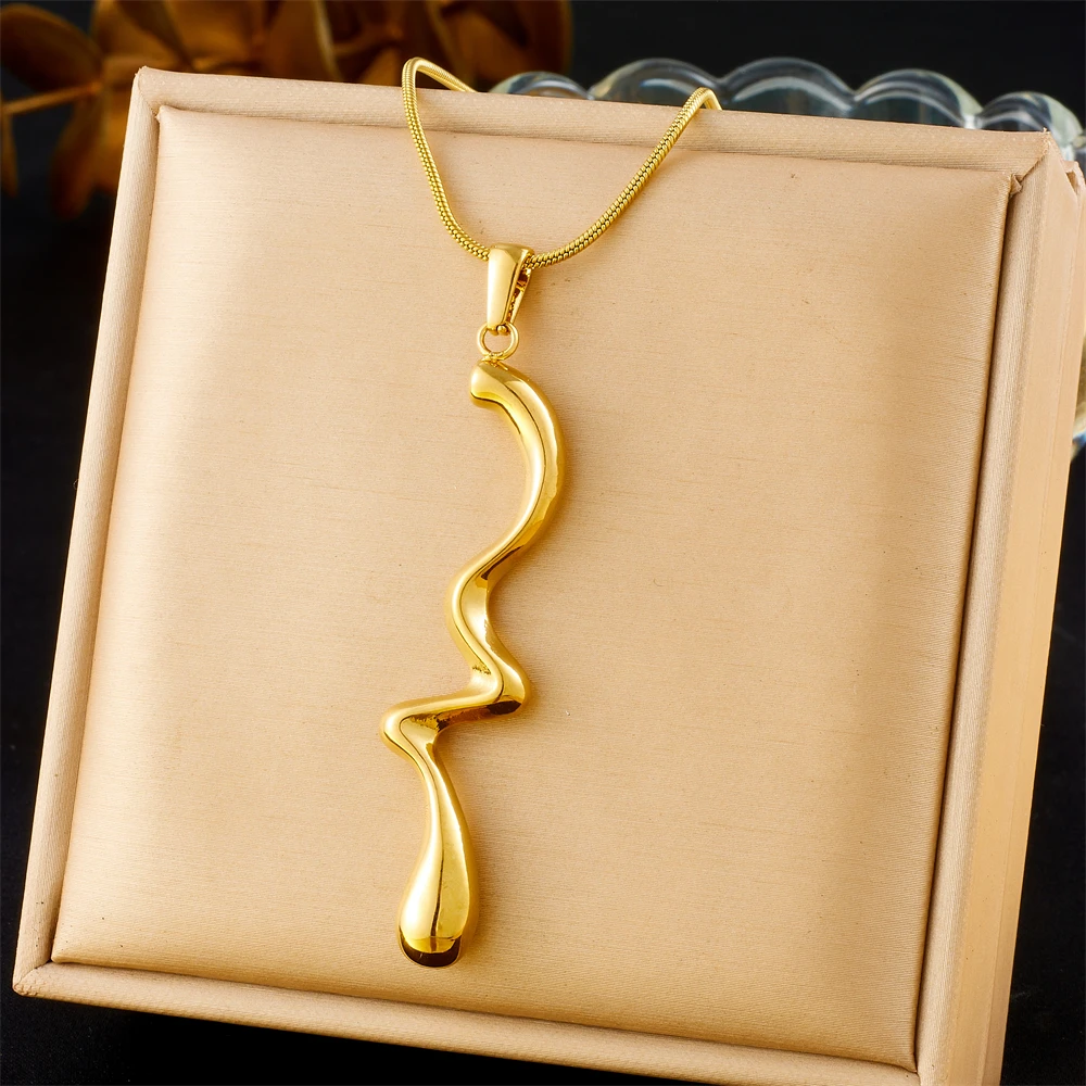 LAMENGLY 316L Stainless Steel Abstract Wave Pendant Necklaces Trendy Gold Plated Jewelry Delicate Gift for Women Girl