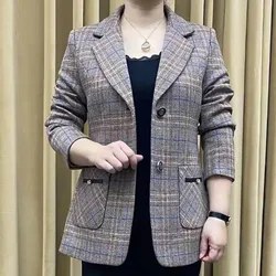 Korean Feminine Plaid Suit Outwear Middle Aged Mother Short Woolen Blazer Jacket Spring Autumn Women Large Size 5XL Top Coat