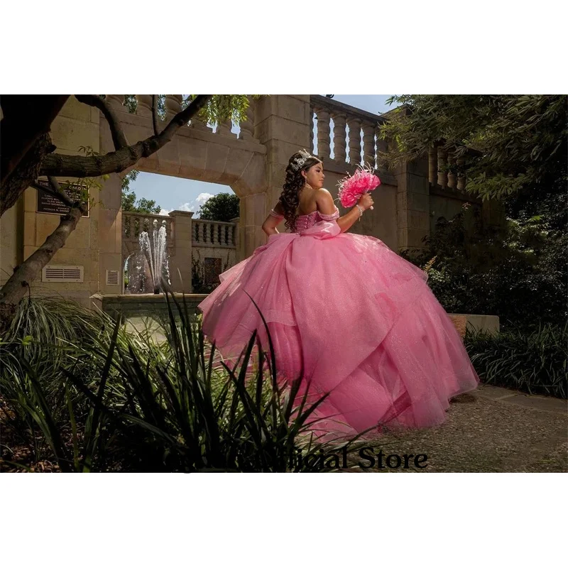 Conte de fées Quinceanera robes grand nœud Appliques hors de l'épaule diamant Robe Princesse Bleu Femm personnalisé